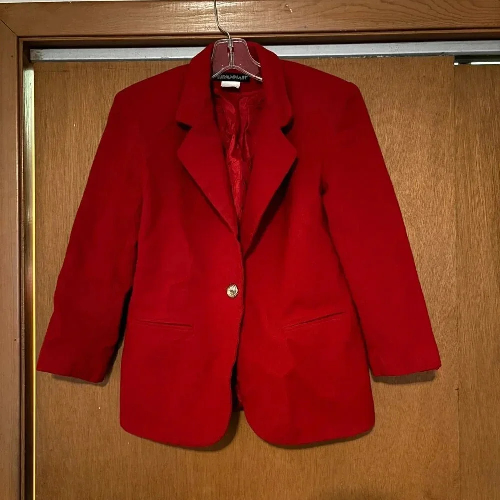 Savannah Womens Red Wool Blend Single Button Blazer Jacket Size 6P Petite